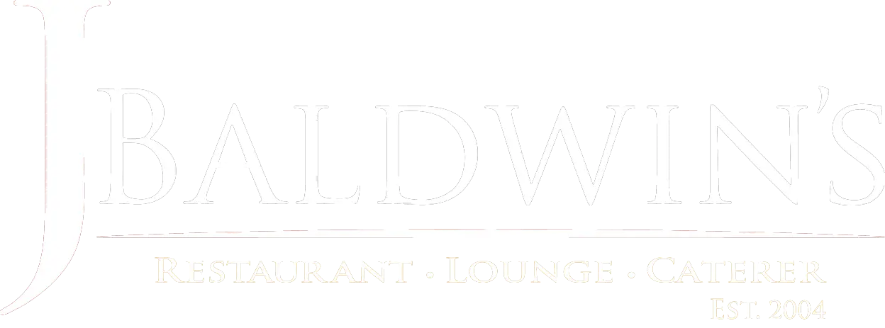 J. Baldwin's Restaurant, Lounge & Caterer official white logo, Established 2004